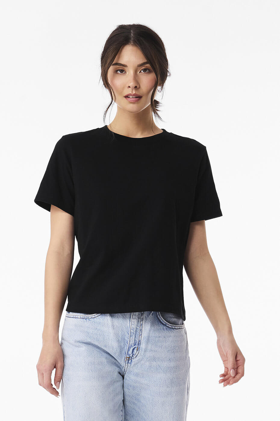 Black mid-length boxy cotton tee, supplier preview of the undecorated garment