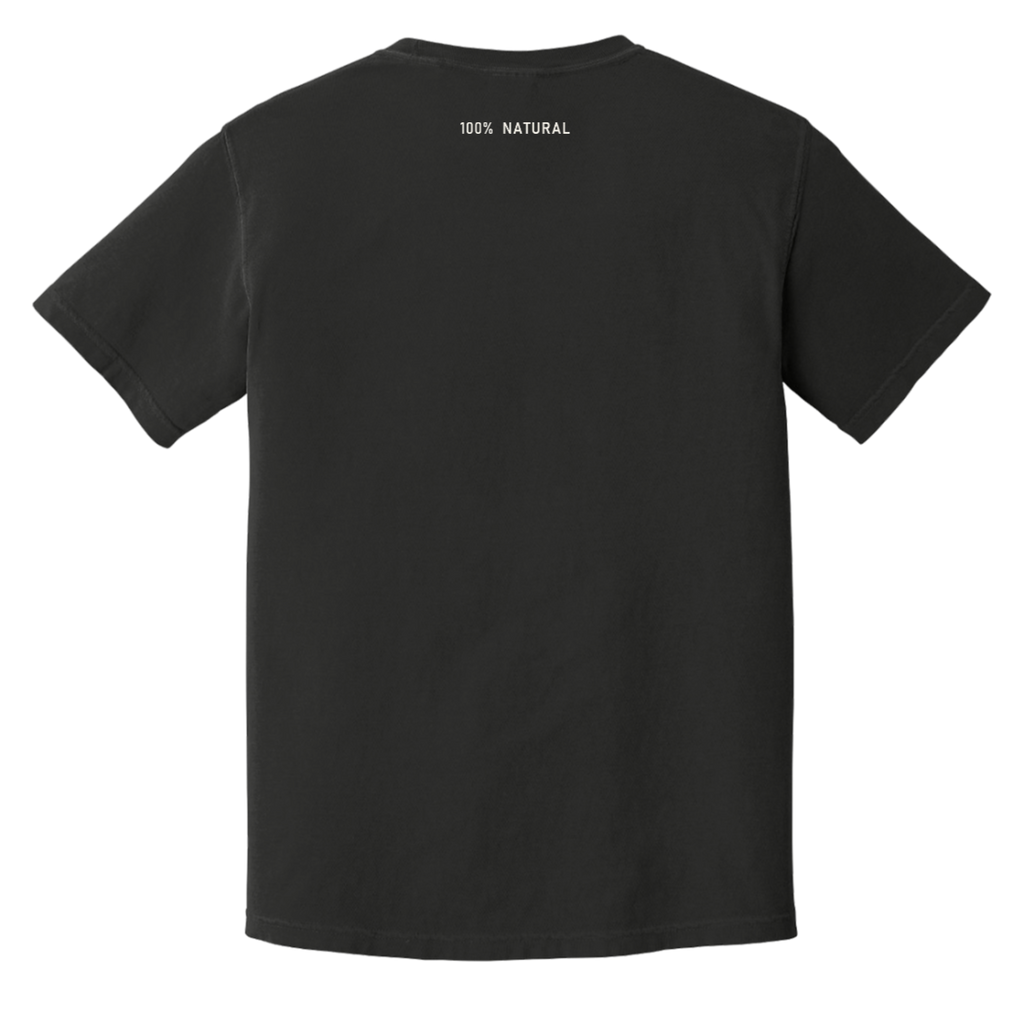 Back view of The Unspoken black cotton shirt with a small 100% NATURAL mark at the back yoke