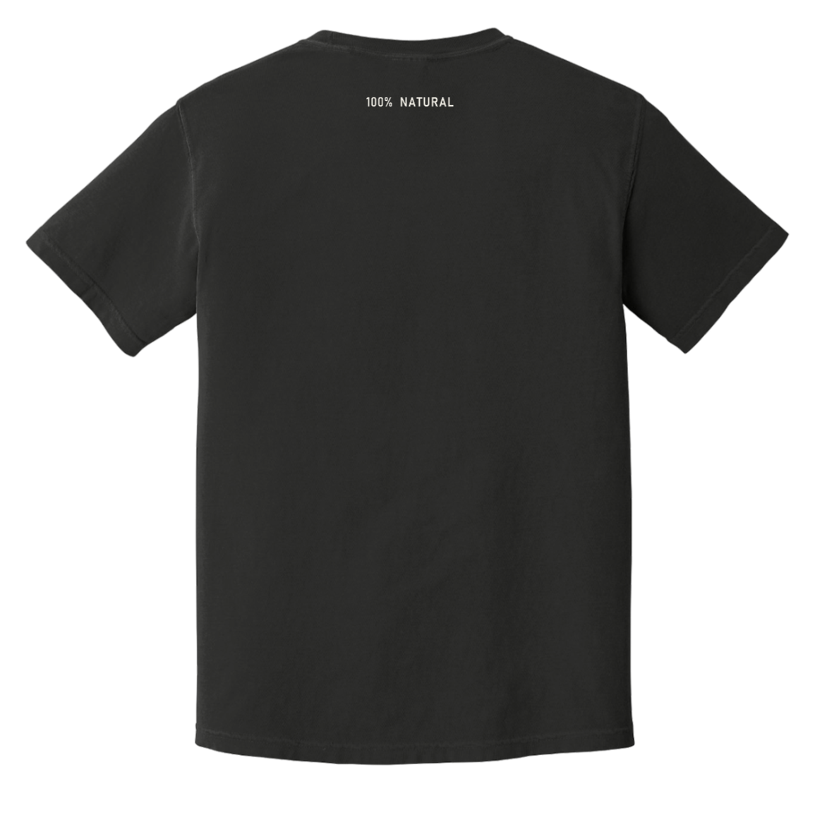 Back view of The Unspoken black cotton shirt with a small 100% NATURAL mark at the back yoke
