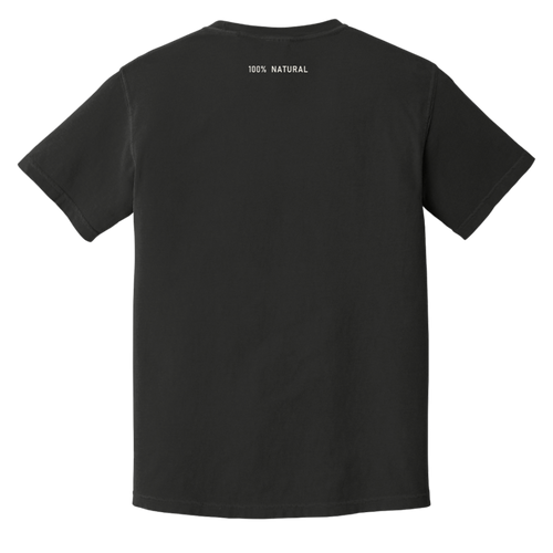 Back view of The Unspoken black cotton shirt with a small 100% NATURAL mark at the back yoke
